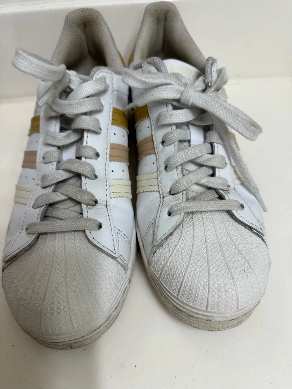 adidas Superstar White Sneakers with Cream, Tan & Mustard Stripes